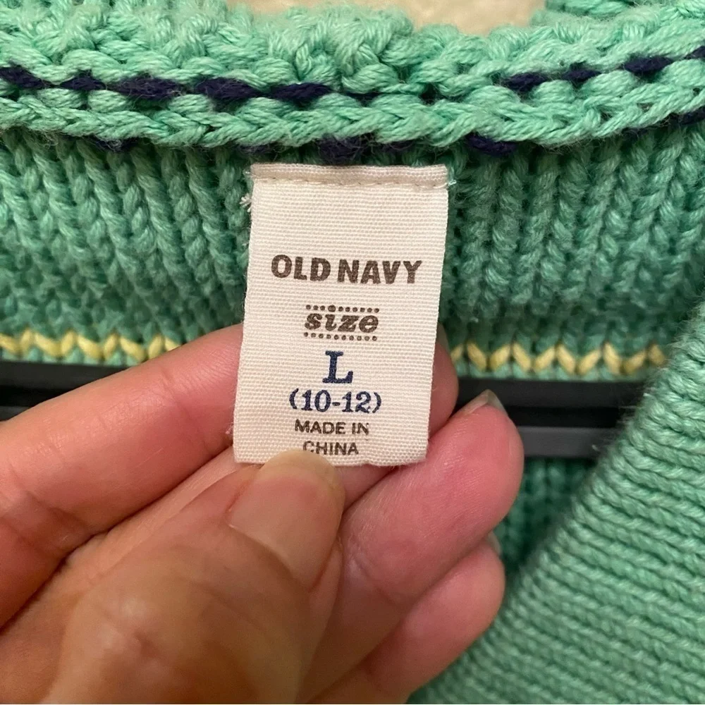 OLD NAVY Girls Kids Green Knit Striped Hoodie Cardigan Sweater Size L(10-12)